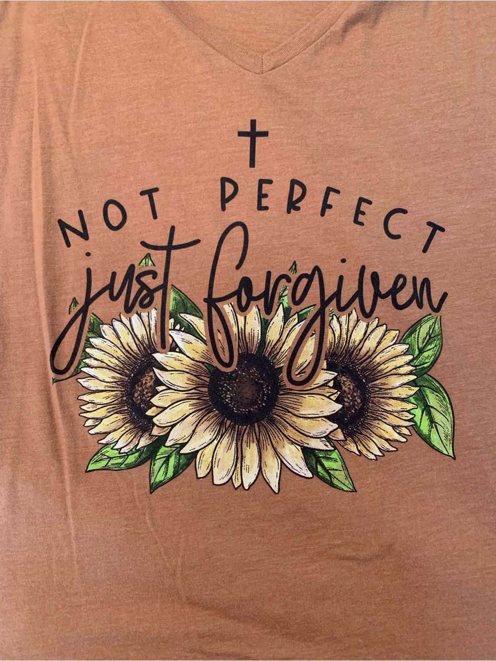 “Not Perfect, Just Forgiven” Sunflower V-Neck Tee - Rust